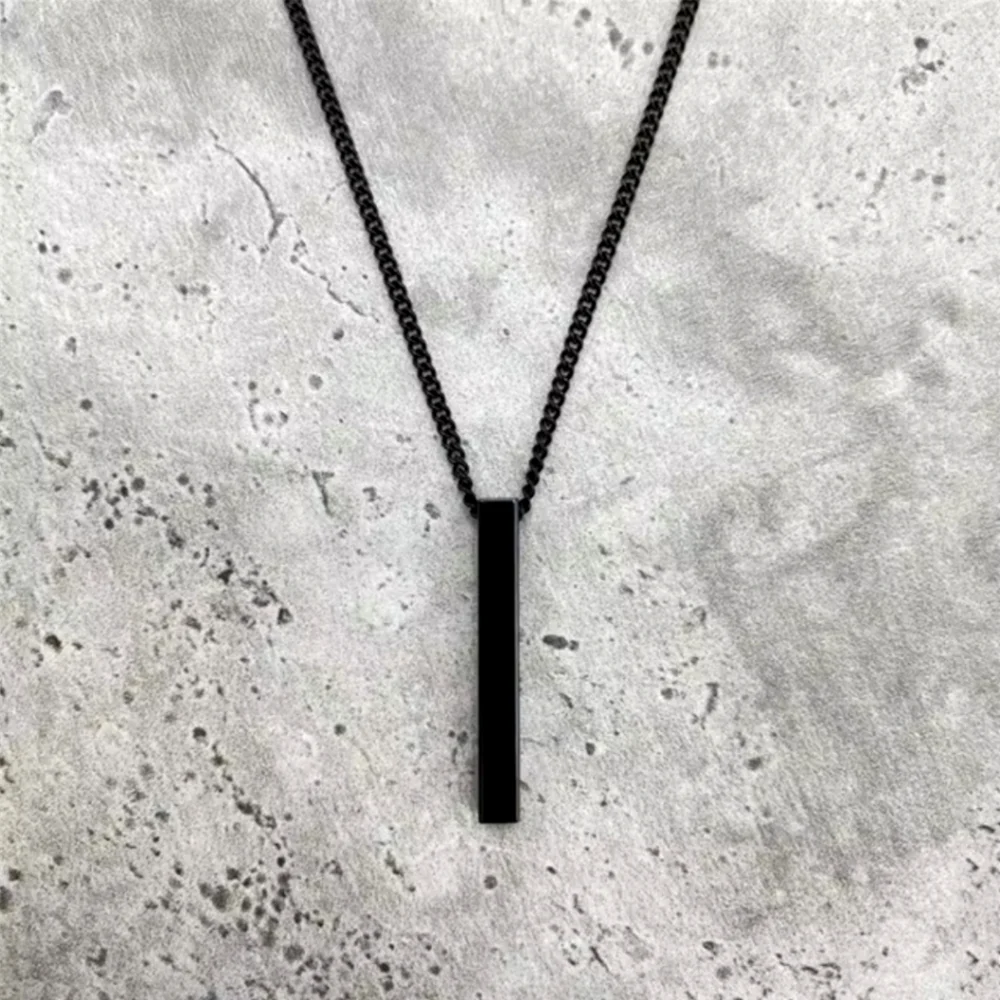 Black Stainless Steel Bar Pendant Necklace with Cuban Style Chain